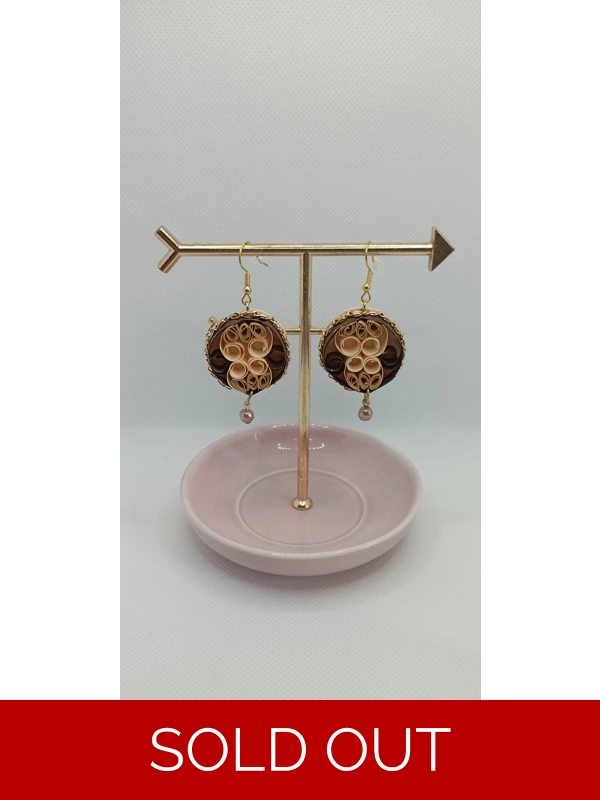 Brown and cream quilling paper pendant earrings with chain